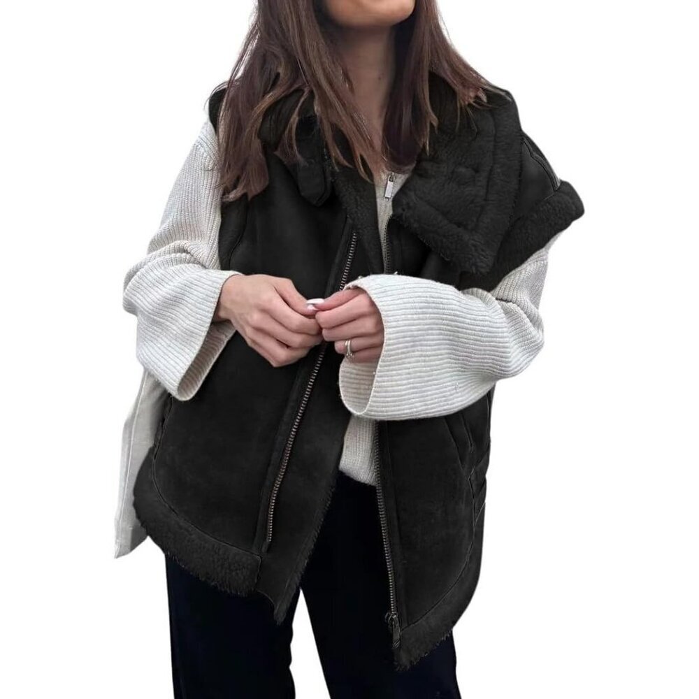 Women's Black Winter Warm Suede Sherpa Leather Vest Jacket Zip Up Sleeveless